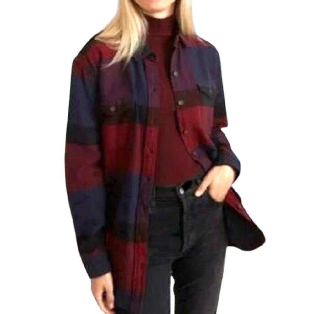 Marine Layer Riley Overshirt Flannel Womens Medium Navy/Berry Plaid Shacket